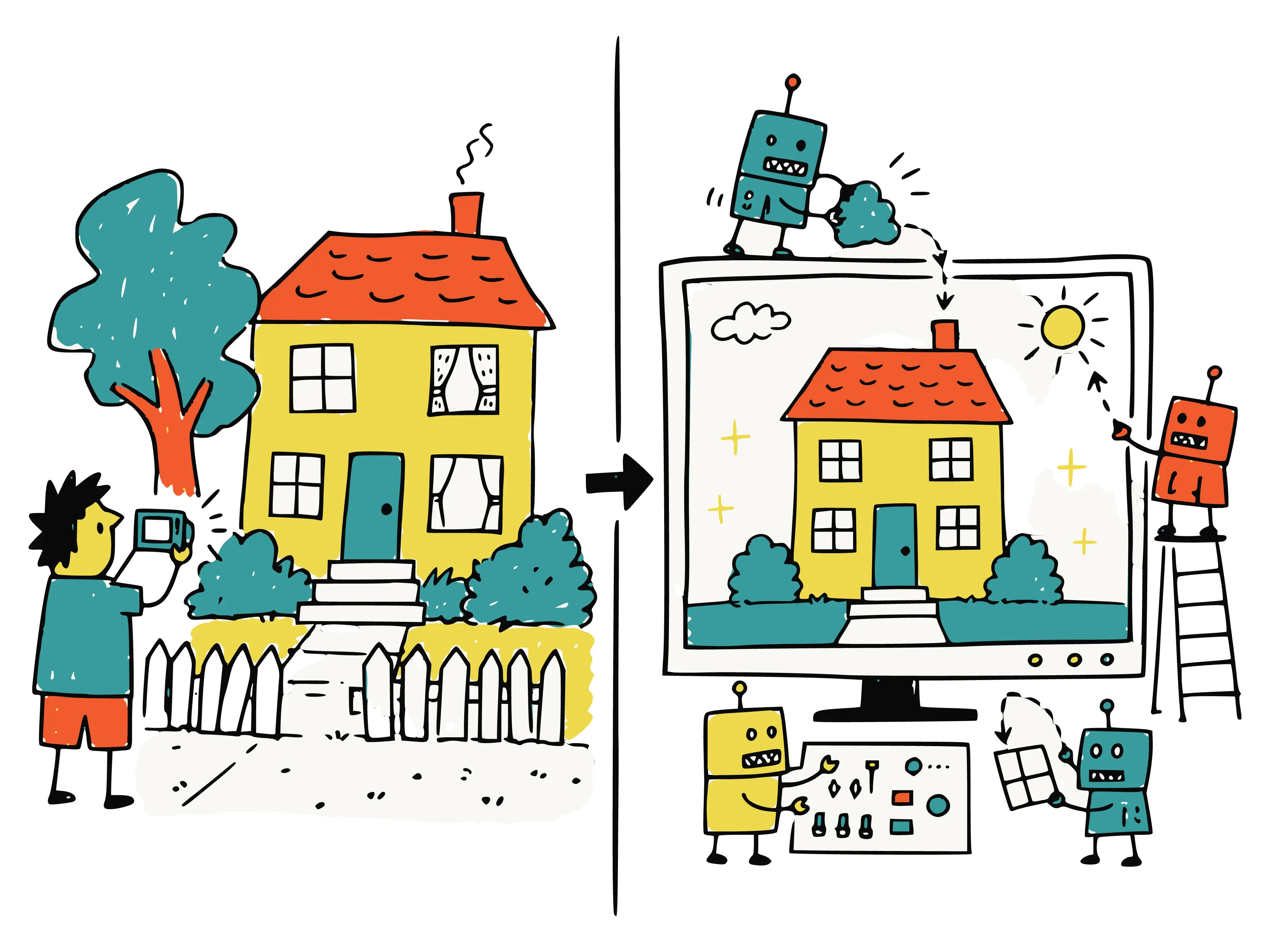 Cartoon of a person photographing a yellow house with a tree and fence, beside a monitor where small robots remove the tree and fence and add a sun