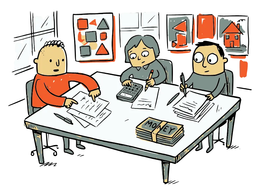 Illustration of a homebuyer at the settlement table reviewing closing cost paperwork with a calculator and a stack of money