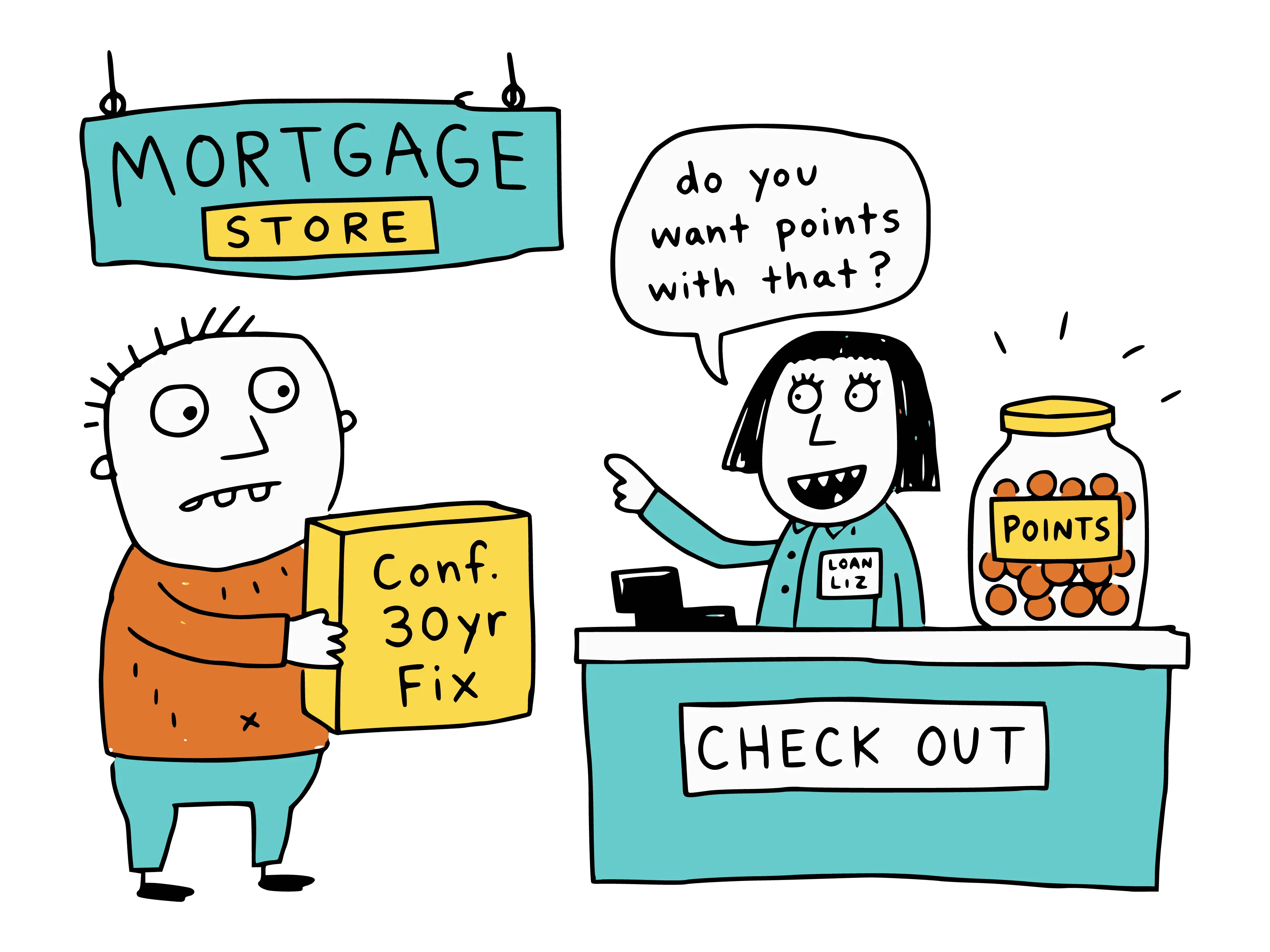 Cartoon of a buyer at a mortgage store checkout holding a box labeled 30-year fixed while the cashier asks, 'Do you want points with that?' beside a jar of points