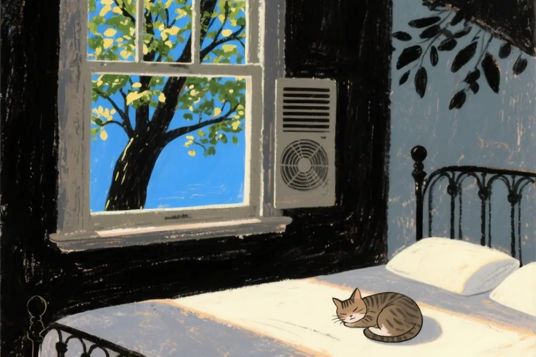 Window of an older Philadelphia stone home with a tree providing shade