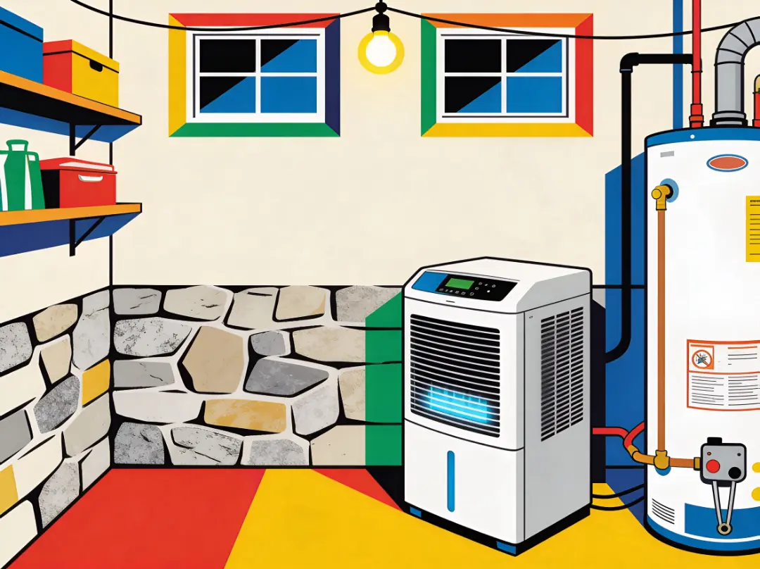 A portable dehumidifier running in a stone foundation basement of an older Philadelphia home