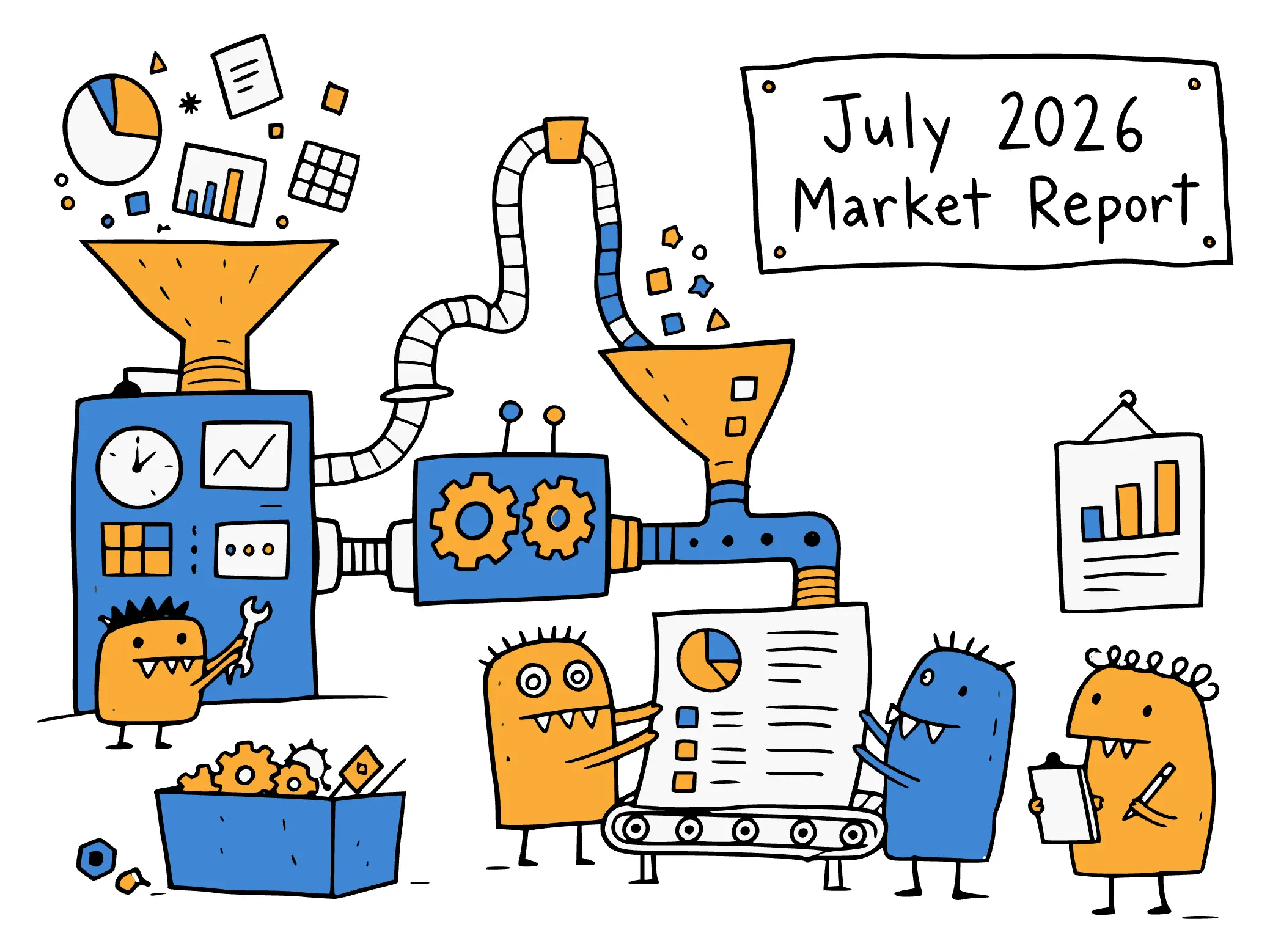 Illustration of a factory floor where workers assemble a market report, with tubes, funnels and gears producing data beneath a wall sign reading July 2026 Market Report
