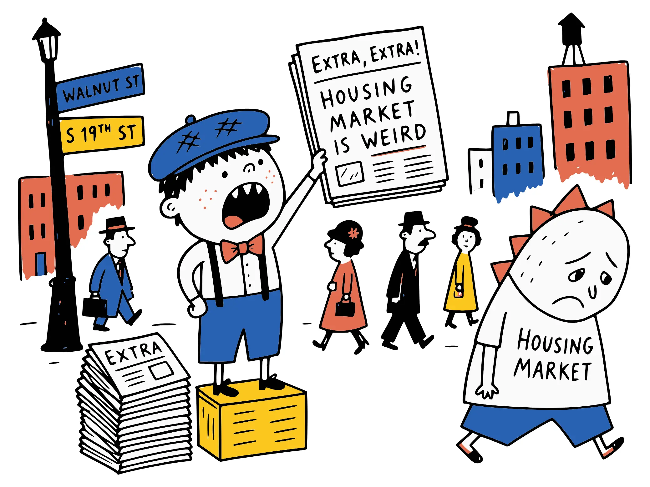 Illustration of a 1920s newsboy at Walnut and 19th Streets holding up a paper headlined Extra, Extra: Housing Market Is Weird, while a sulking character in a Housing Market shirt walks away