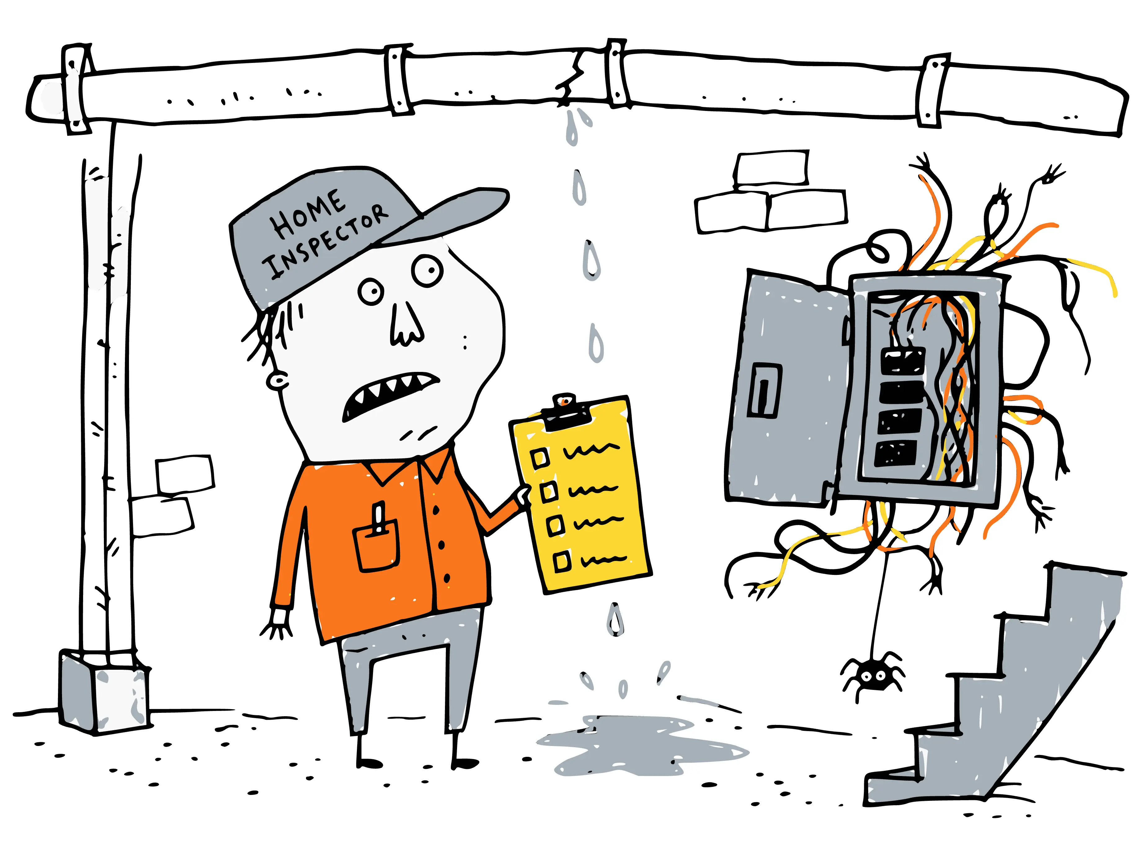 Cartoon home inspector holding a checklist in an old basement between a leaking pipe and an electrical panel spilling tangled wires