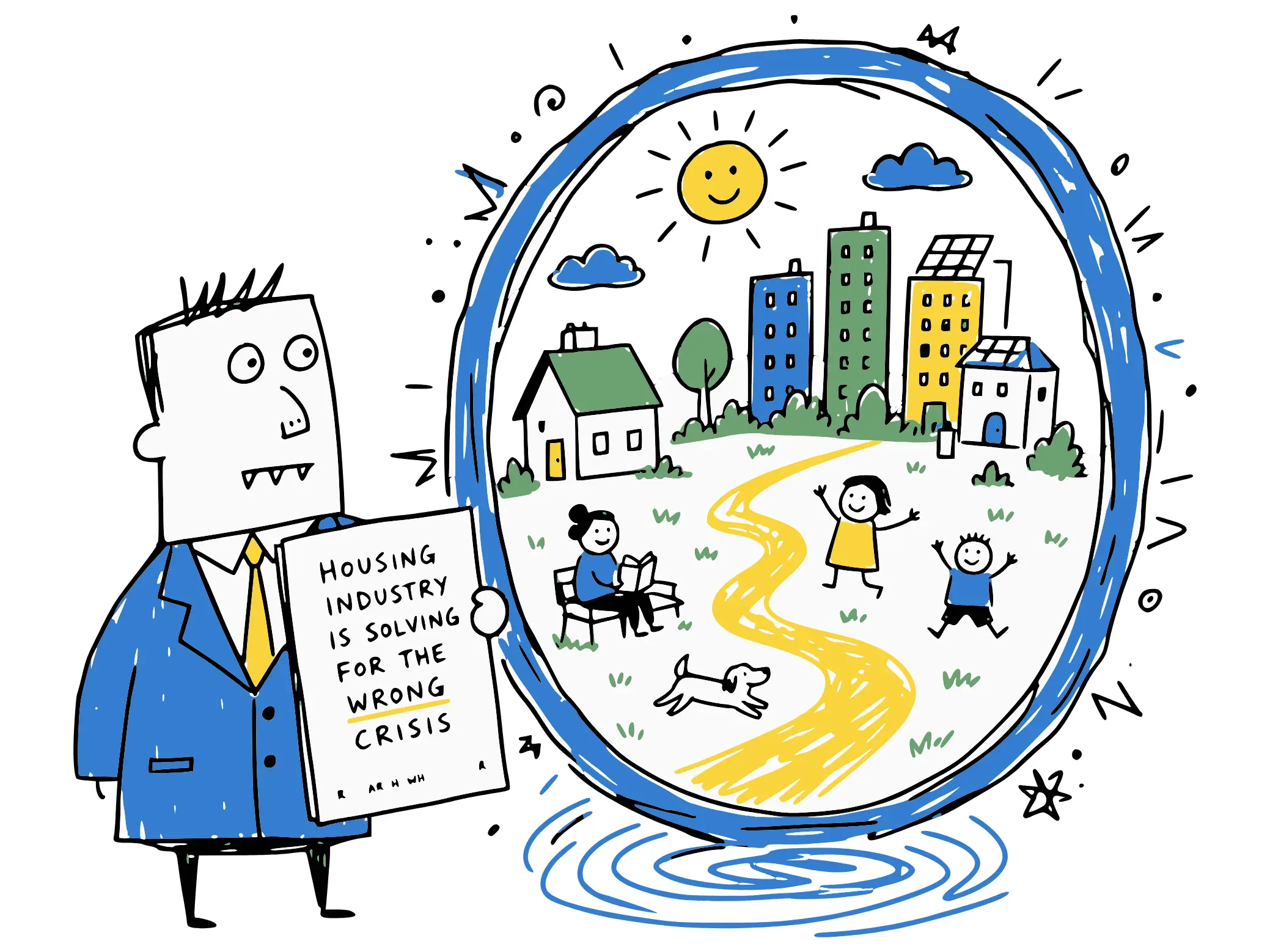 An image of a person dressed nicely holding a research white paper with the title Housing Industry Is Solving for the Wrong Crisis. In front of them, they are looking through a portal into a future of prosperity and happiness.